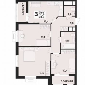Продается 3-х комнатная квартира, 73,8 м²
