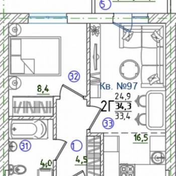 Продается 1-комнатная квартира, 34,3 м²