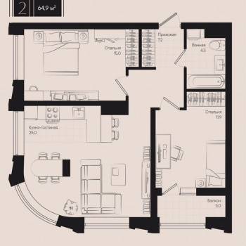 Продается 2-х комнатная квартира, 64,9 м²