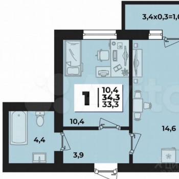 Продается 1-комнатная квартира, 34,3 м²