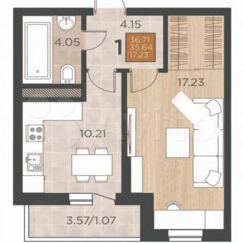 Продается 1-комнатная квартира, 38 м²