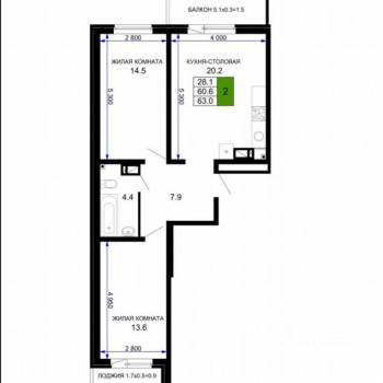 Продается 2-х комнатная квартира, 63 м²