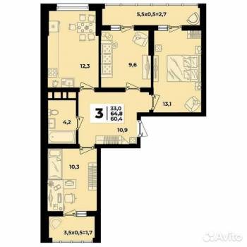 Продается 3-х комнатная квартира, 59,7 м²