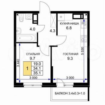 Продается 1-комнатная квартира, 35,1 м²