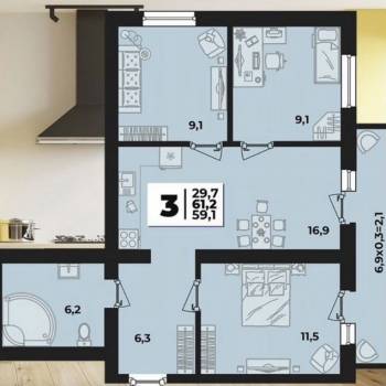 Продается 3-х комнатная квартира, 61,2 м²