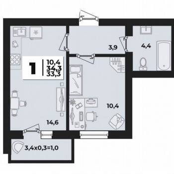 Продается 1-комнатная квартира, 34,3 м²
