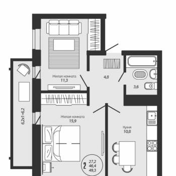 Продается 2-х комнатная квартира, 51 м²
