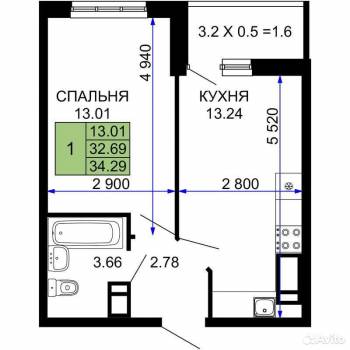 Продается 1-комнатная квартира, 32,9 м²