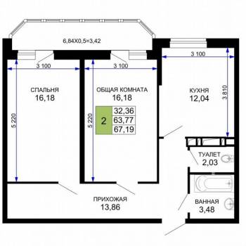 Сдается 2-х комнатная квартира, 63,8 м²