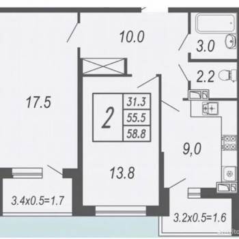 Продается 2-х комнатная квартира, 55,7 м²
