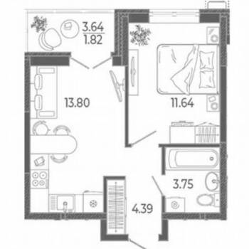 Продается 1-комнатная квартира, 33,6 м²