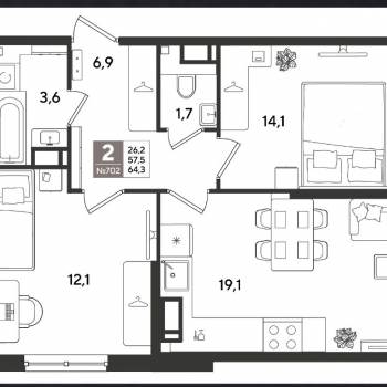 Продается 2-х комнатная квартира, 64,3 м²