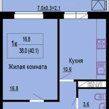 Продается 1-комнатная квартира, 40,2 м²