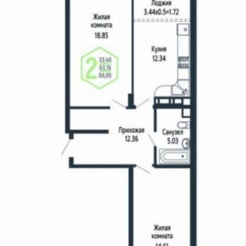 Продается 2-х комнатная квартира, 64,4 м²