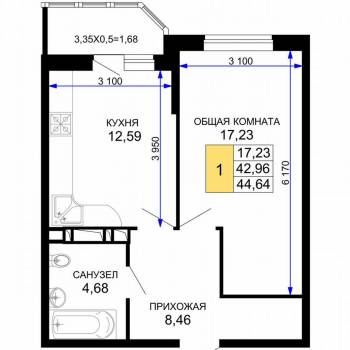 Сдается 1-комнатная квартира, 44 м²