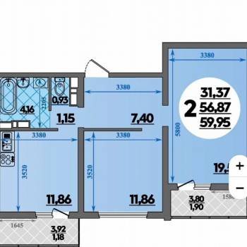 Продается 2-х комнатная квартира, 57 м²