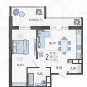 Сдается 2-х комнатная квартира, 59 м²
