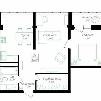 Продается 2-х комнатная квартира, 52,2 м²