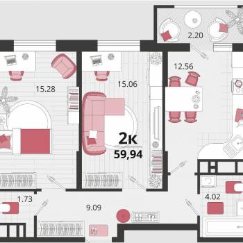 Продается 2-х комнатная квартира, 59,5 м²