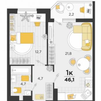 Продается 1-комнатная квартира, 43,8 м²