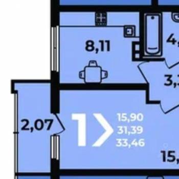 Продается 1-комнатная квартира, 33,46 м²