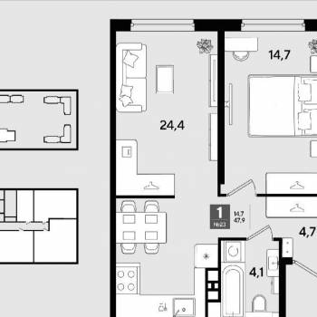 Продается 1-комнатная квартира, 47,9 м²
