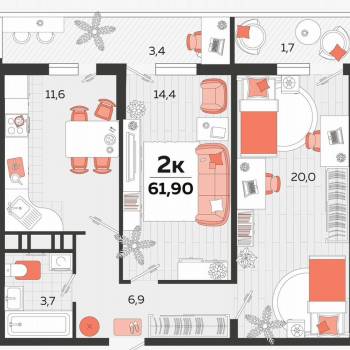 Сдается 2-х комнатная квартира, 61,9 м²