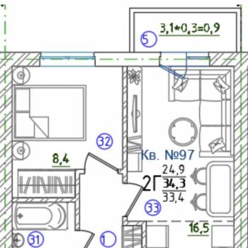 Продается 1-комнатная квартира, 34,3 м²