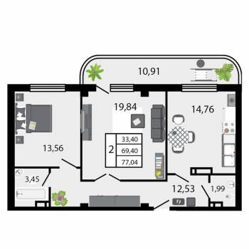 Продается 2-х комнатная квартира, 76,6 м²