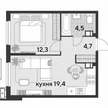 Продается 1-комнатная квартира, 40,7 м²