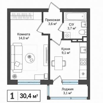 Сдается 1-комнатная квартира, 30,4 м²