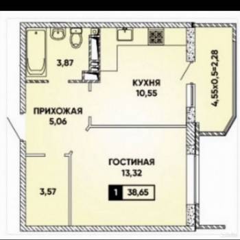 Продается 1-комнатная квартира, 38,65 м²