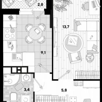 Продается 1-комнатная квартира, 34,8 м²