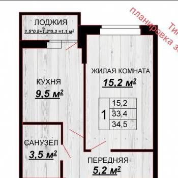 Продается 1-комнатная квартира, 34,5 м²