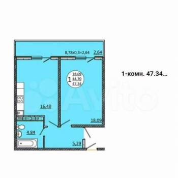 Продается 1-комнатная квартира, 47,4 м²