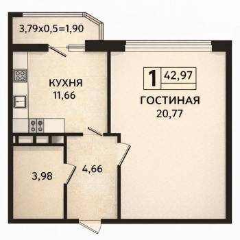 Продается 1-комнатная квартира, 43 м²