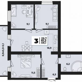 Продается 3-х комнатная квартира, 61,2 м²