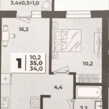 Продается 1-комнатная квартира, 34 м²