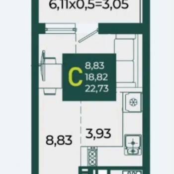 Продается 1-комнатная квартира, 22,6 м²