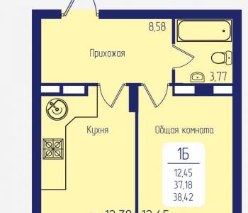 Продается 1-комнатная квартира, 38,42 м²