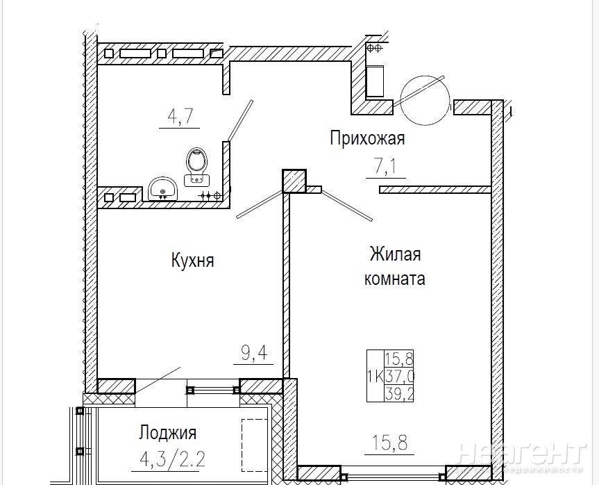 Продается 1-комнатная квартира, 39,2 м²