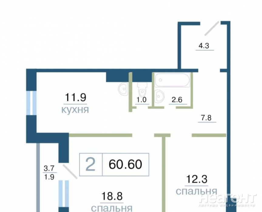 Продается 2-х комнатная квартира, 60,6 м²