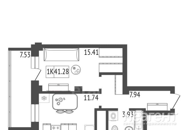 Продается 1-комнатная квартира, 41,28 м²