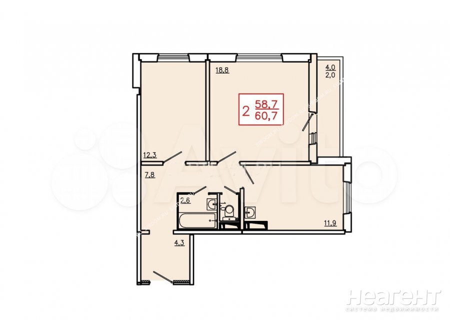 Продается 2-х комнатная квартира, 58,7 м²