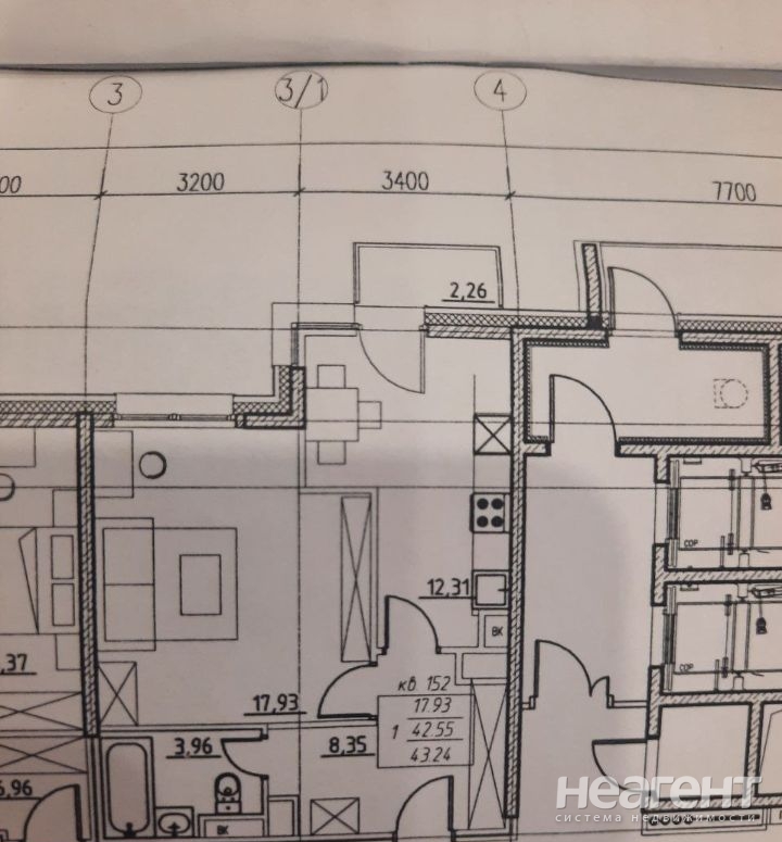 Продается 1-комнатная квартира, 43,24 м²