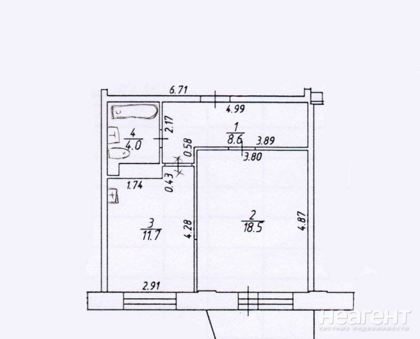 Продается 1-комнатная квартира, 42,8 м²