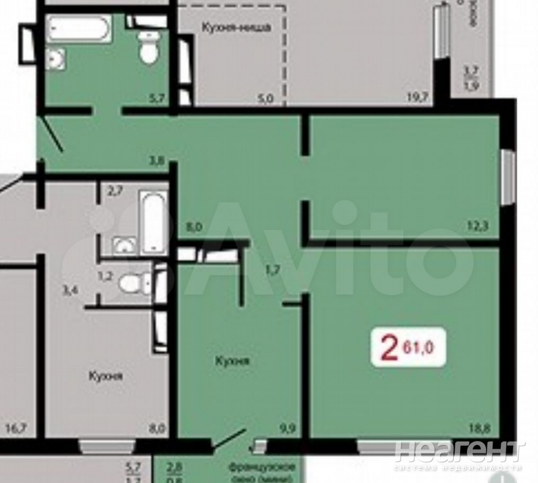 Продается 2-х комнатная квартира, 61 м²