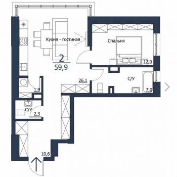 Продается 2-х комнатная квартира, 59,9 м²
