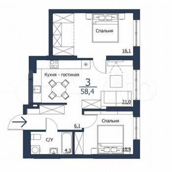 Продается 3-х комнатная квартира, 58,4 м²
