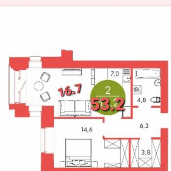 Продается 2-х комнатная квартира, 53 м²